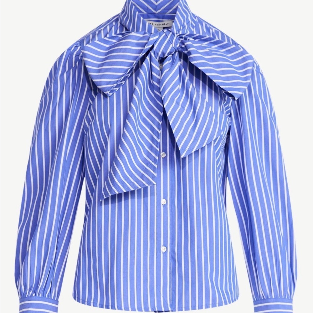Elegant Blue Striped Blouse with Bow - Picture 5 of 6